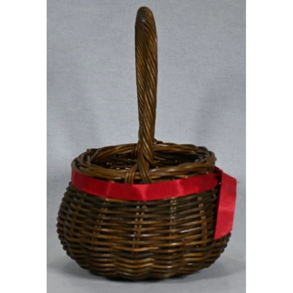 Vintage Lillian Vernon Wicker Rattan Basket Red Ribbon Round Woven 10-3/4
